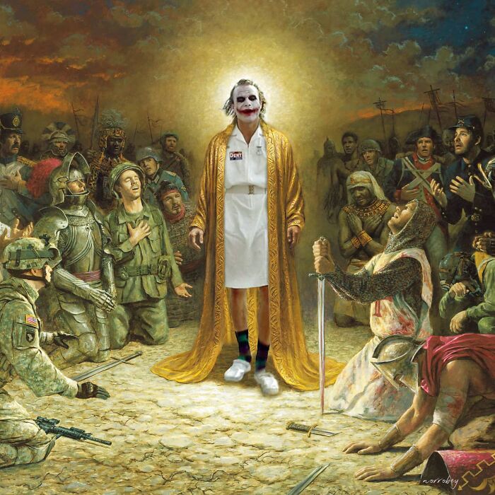 Digital artist blends famous movies Joker with classical art in clever mashups, surrounded by soldiers.