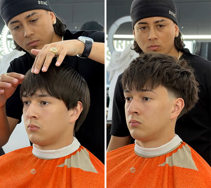 A before-and-after image showing a barber cutting a man's hair, transforming it from a bowl cut into a modern, textured style with a fade.