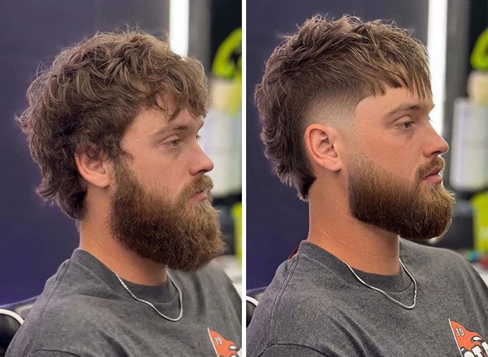 A before-and-after image shows drastic men’s hair and beard transformation by barber Emiliano Familia.