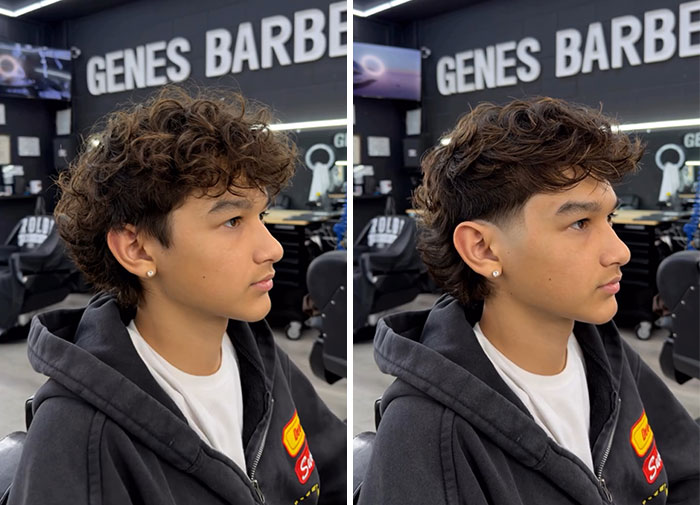 A before-and-after image showing a boy with curly hair transformed into a trendy haircut with a fade and longer back.