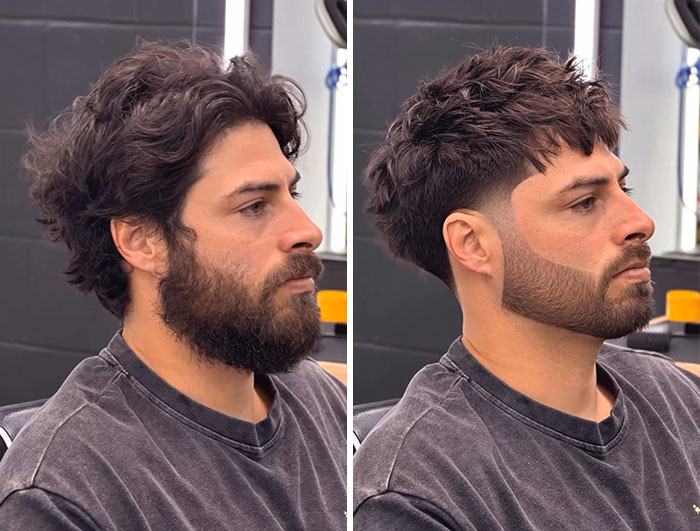 A before-and-after image showing a man with a full, shaggy beard and hair transformed into a stylish, faded haircut with a sculpted beard.