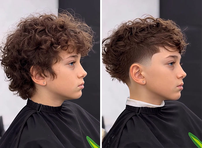 A before-and-after image showing a young boy with long, curly hair transformed into a neat, short haircut with faded sides.