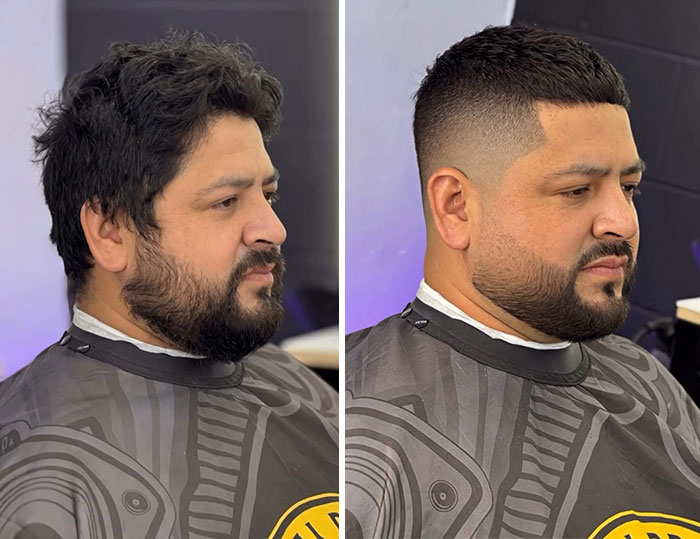 A before-and-after image showing a man with messy hair and beard transformed into a sharp, faded haircut with a trimmed beard.