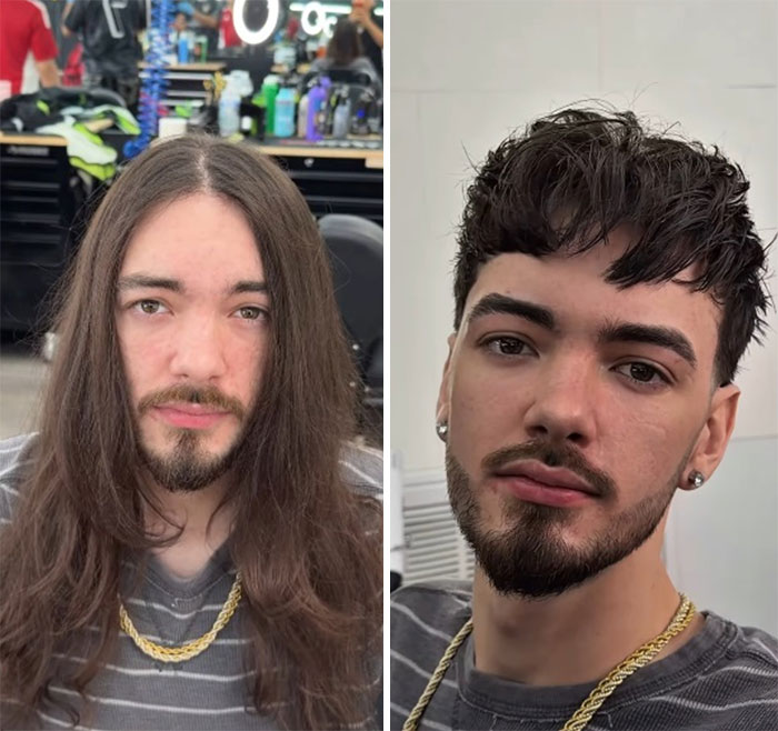 A man's hair and beard before-and-after transformation, featuring long, straight hair and a beard changed to a modern, textured haircut and styled facial hair.