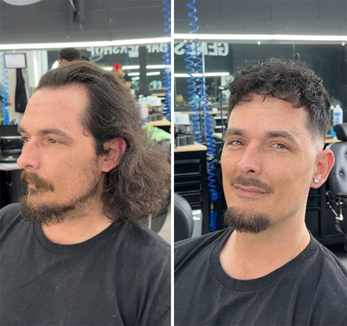 A men's hair and beard before-and-after pic, highlighting a transformation from long, curly hair and full beard to short, wavy hair and a styled goatee.