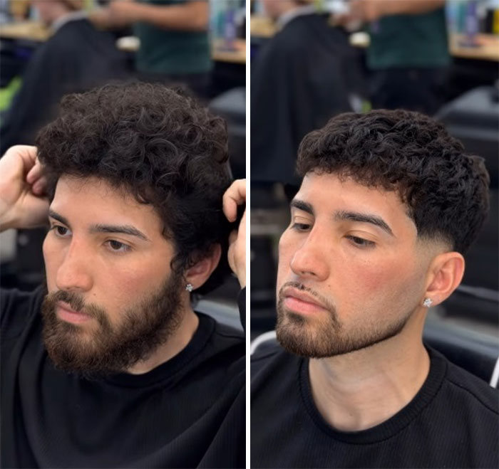 A dramatic men's hair and beard before-and-after, featuring a curly-haired man with a neat fade and a well-groomed goatee.