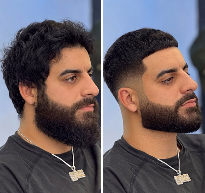 A men's hair and beard before-and-after, showcasing a transformation from full beard and unkempt hair to a clean haircut and trimmed beard.