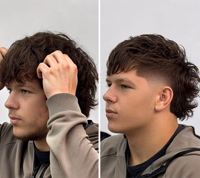 A men's hair before-and-after photo, showing a dramatic transformation from shaggy to a sharp fade and textured top.