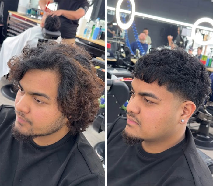 Men’s hair before and after, highlighting a transformation from long, curly hair to a shorter, faded haircut with a clean finish.