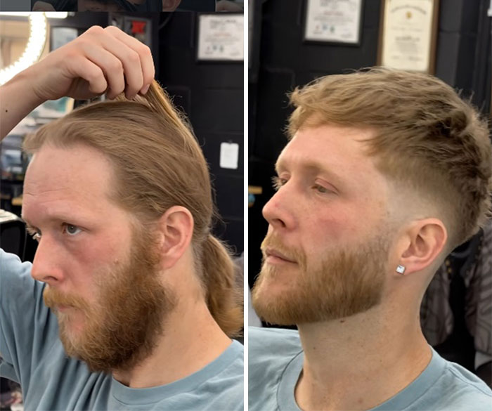 Men’s hair and beard before and after, illustrating a remarkable change from a long ponytail and full beard to a clean haircut and trimmed beard.