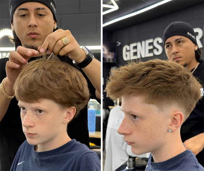 Barber Emiliano Familia transforms a young man's hair, showing a drastic before-and-after men's haircut.