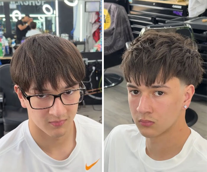 Men’s hair before and after, showing a teen’s dramatic change from shaggy hair and glasses to a modern, textured cut.