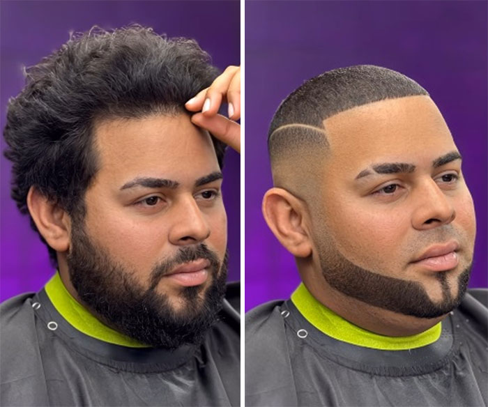 Men’s hair and beard before and after, featuring a transformation from a full beard and curly hair to a sharp fade and sculpted beard.