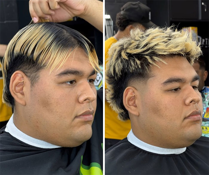 Men’s hair before and after, showcasing a dramatic change from long blonde hair to a spiky haircut by barber Emiliano Familia.