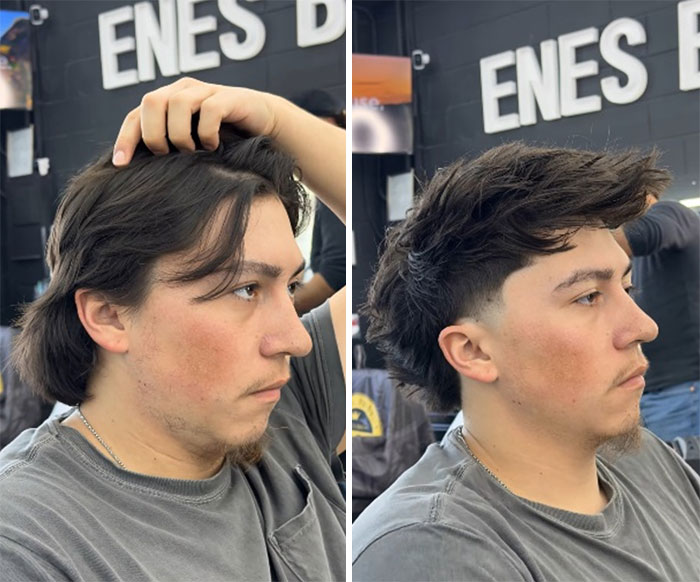 Drastic men's hair transformation by Barber Emiliano Familia, showcasing a modern before-and-after style.