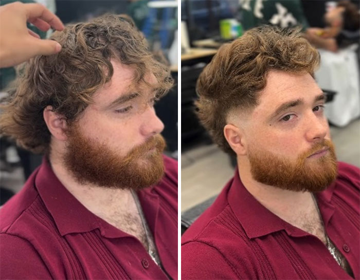 Drastic men's hair and beard transformation by Barber Emiliano Familia, highlighting a new curly style.