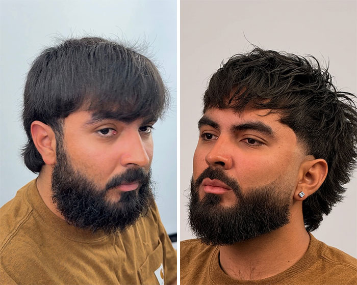 Men's hair and beard before and after, showcasing a drastic transformation by Barber Emiliano Familia.