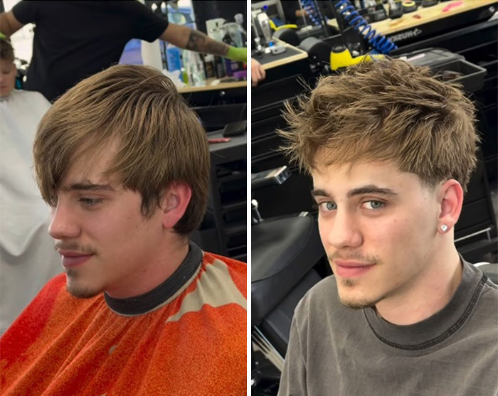 Men's hair and beard before-and-after pic by Barber Emiliano Familia, showing an impressive new look.