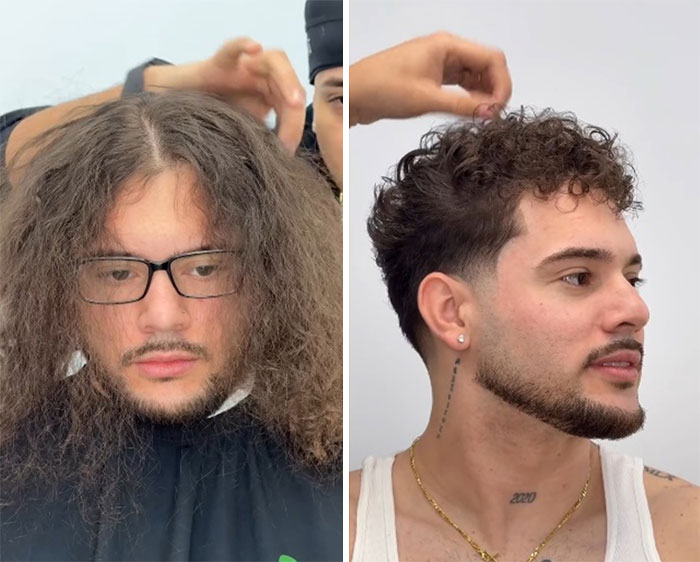Men's hair and beard before-and-after pic by Barber Emiliano Familia, demonstrating a drastic style update.