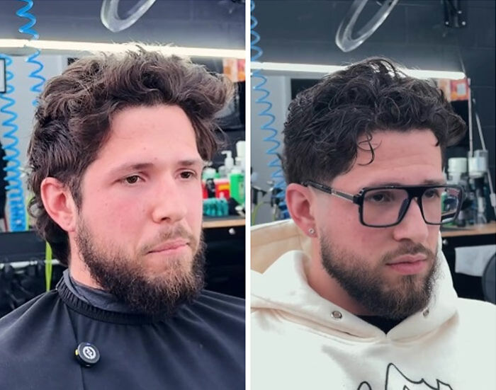 Men's hair and beard before-and-after pic by Barber Emiliano Familia, highlighting a significant change.