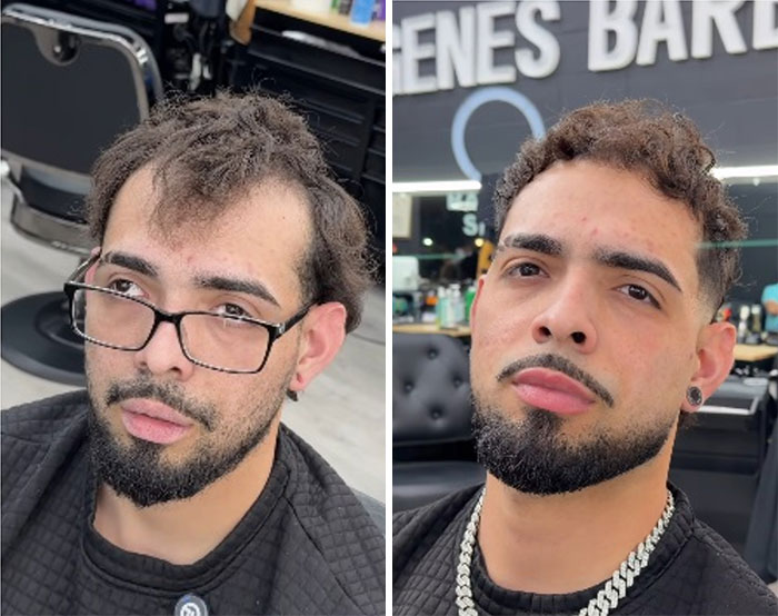 Men's hair and beard before-and-after pic by Barber Emiliano Familia, showcasing a drastic transformation.