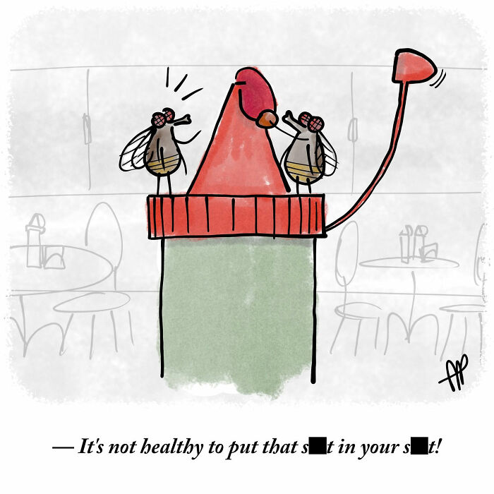 Witty single-panel comic: Two flies on a ketchup bottle arguing about healthy eating.