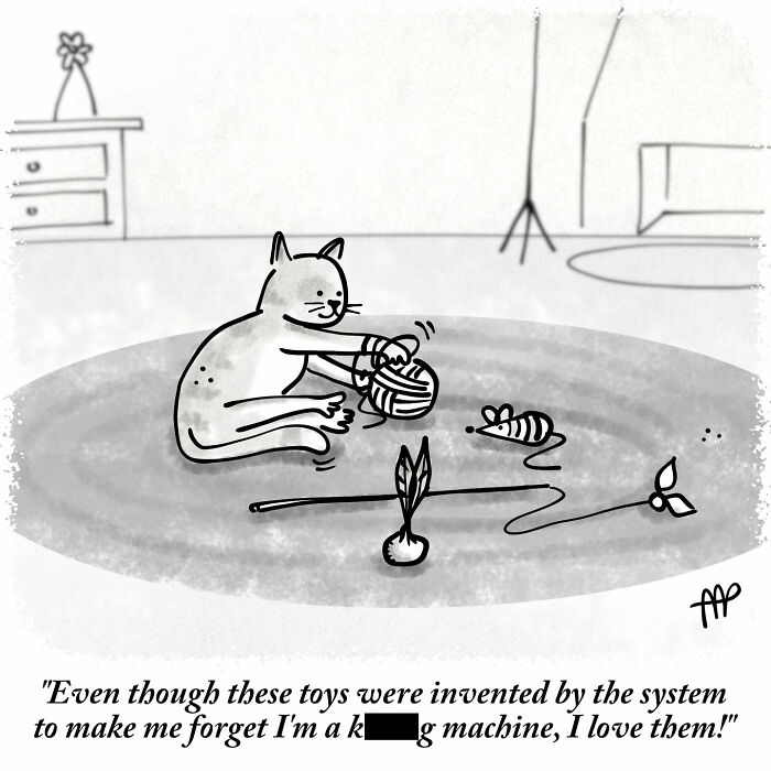 Witty single-panel comic of a cat playing with a ball of yarn and toy mouse, expressing love for the toys.