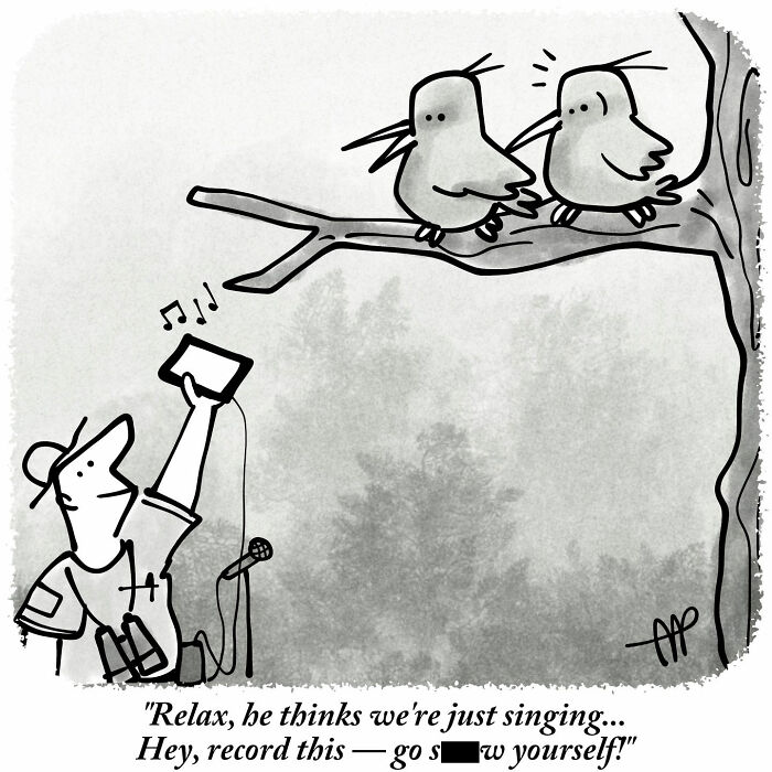 Witty single-panel comic of birds on a branch, one telling the other to curse at a man recording their song.