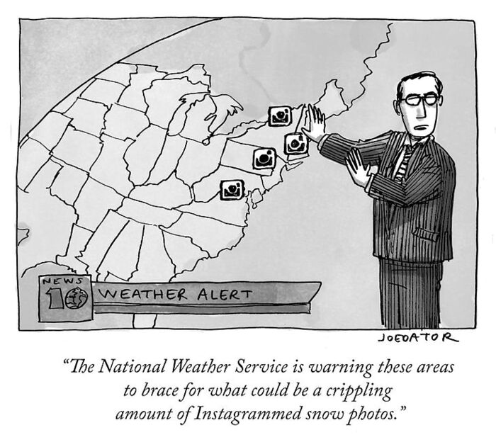 A brilliant single panel cartoon illustrates a weatherman warning about a crippling amount of Instagrammed snow photos.