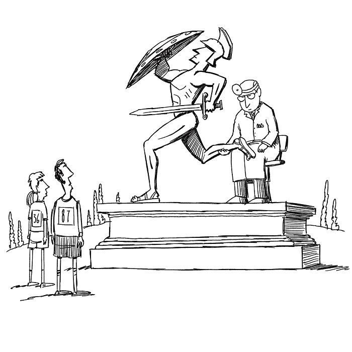 A brilliant single panel cartoonist shows a doctor examining a running Greek statue's leg while two runners wait.