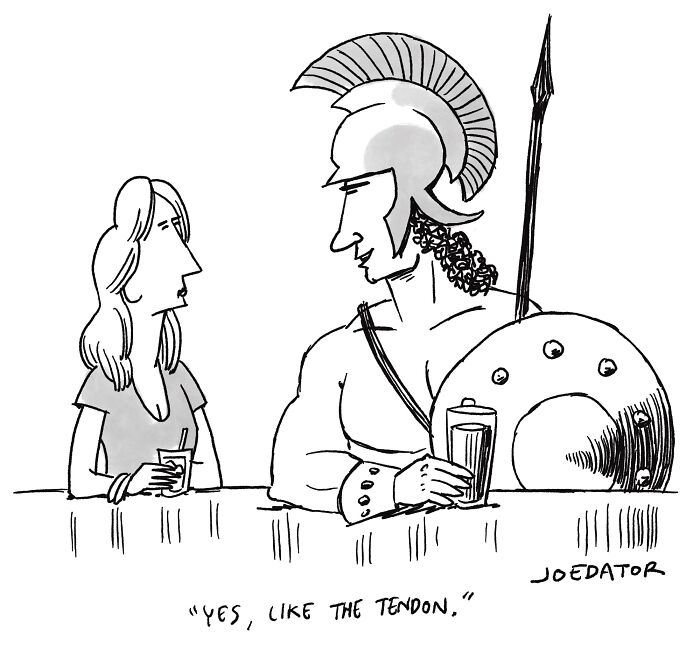A brilliant single panel cartoon features a woman at a bar talking to a Roman warrior about tendons.