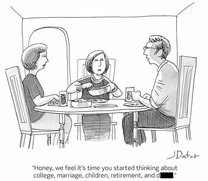 A brilliant single panel cartoon shows parents talking to their daughter about future life decisions like college and marriage.