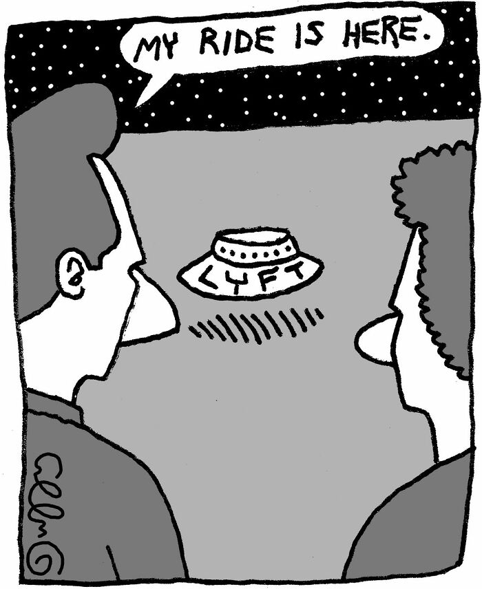 A J.C. Duffy cartoon showing two people looking up at a UFO with MY RIDE IS HERE text. The UFO has LYFT written on it.