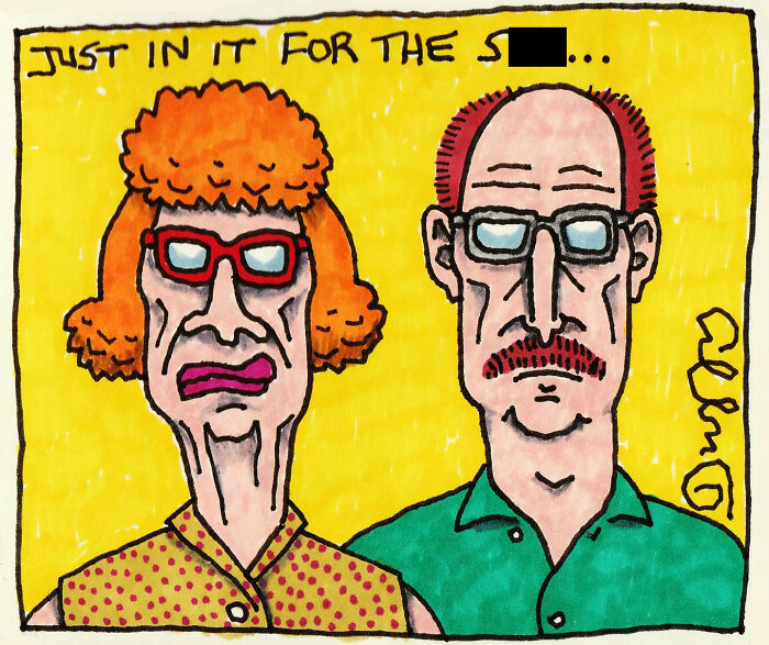 An absurd cartoon by J.C. Duffy showing a man and woman with exaggerated features against a yellow background.