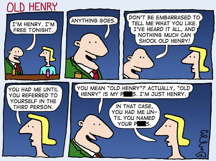 A comic by J.C. Duffy with six panels showing a man named Old Henry trying to hit on a woman.