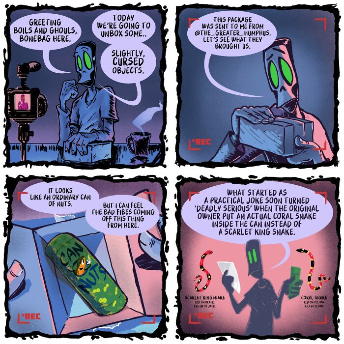A necromancer and assistant comic, showing the duo unboxing a can of nuts that contains a coral snake.