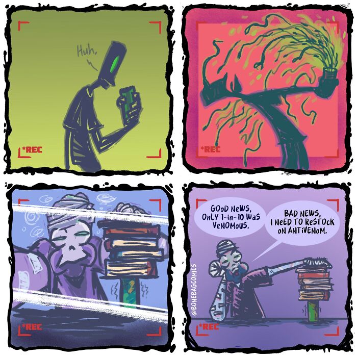 A comic depicting a necromancer and his assistant checking a venomous potion, reflecting their absurd daily life.