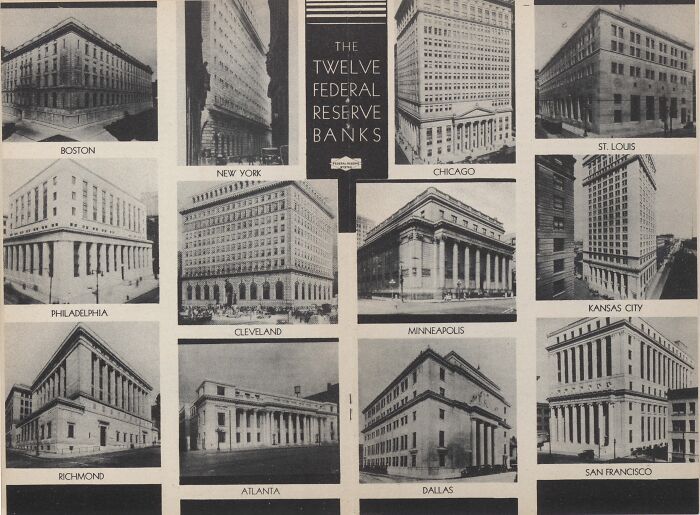 A collage of 12 images showing the exterior of various Federal Reserve Banks across the USA, an interesting history fact.