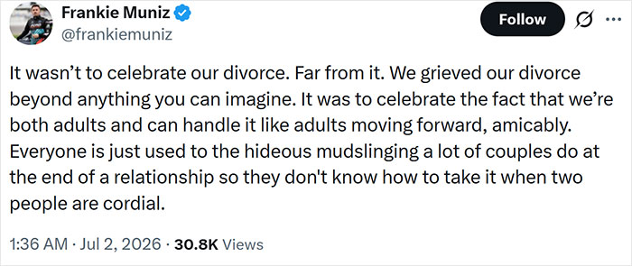 Frankie Muniz clarifies his divorce announcement was not a celebration, but an amicable forward step.