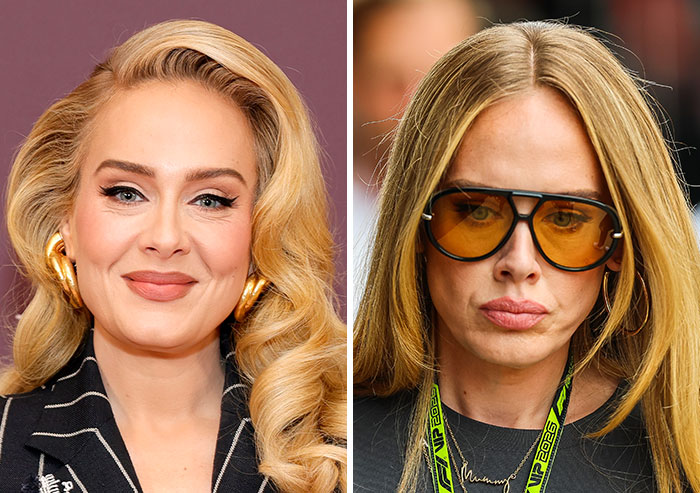 Side-by-side images comparing Adele's appearance, one smiling and one wearing sunglasses. Side-by-side images comparing Adele's appearance, one smiling and one wearing sunglasses.