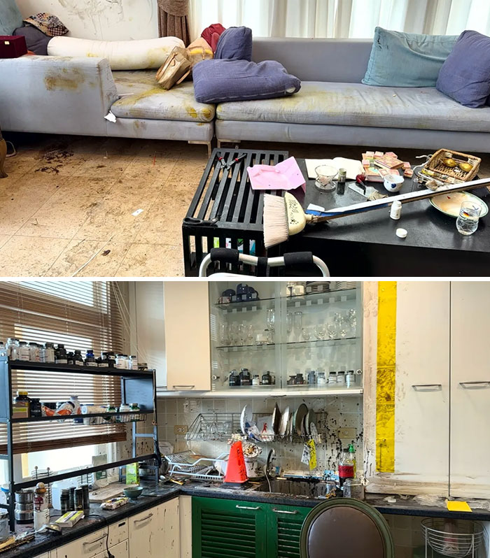Looksmaxxer's home, showing a living room and kitchen covered in black residue after a bizarre incident.