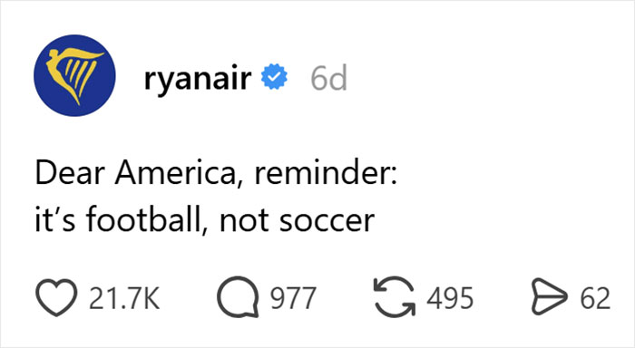 Ryanair's savage post to USA about World Cup elimination, reminding them of 'football, not soccer'. Ryanair's savage post to USA about World Cup elimination, reminding them of 'football, not soccer'.