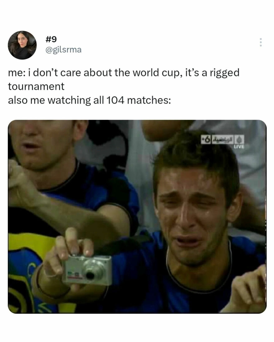 Hilarious World Cup meme of a man crying while watching matches, despite claiming the tournament is rigged.