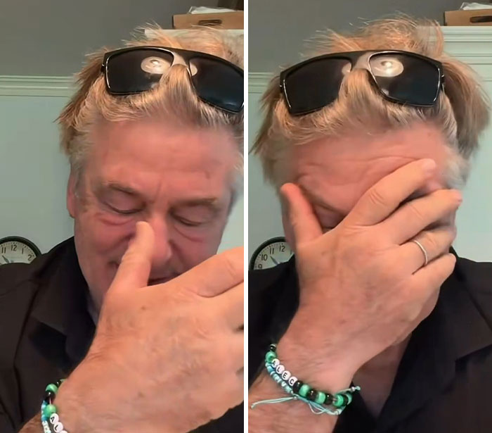 Alec Baldwin in a two-panel image, touching his nose and covering his face. Fans debate the Sam Neill tribute. Alec Baldwin in a two-panel image, touching his nose and covering his face. Fans debate the Sam Neill tribute.
