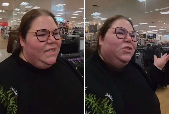 A plus-size influencer in a store, gesturing, discussing Target's clothing selection. A plus-size influencer in a store, gesturing, discussing Target's clothing selection.