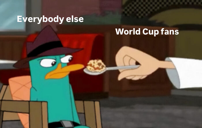 Perry the Platypus meme about World Cup 2026 fans being force-fed. This meme captures the chaos from the World Cup.
