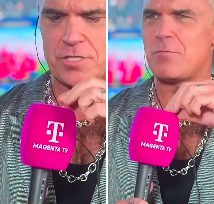 Robbie Williams addressing white substance on mic at World Cup, showing his concern during the incident. Robbie Williams addressing white substance on mic at World Cup, showing his concern during the incident.