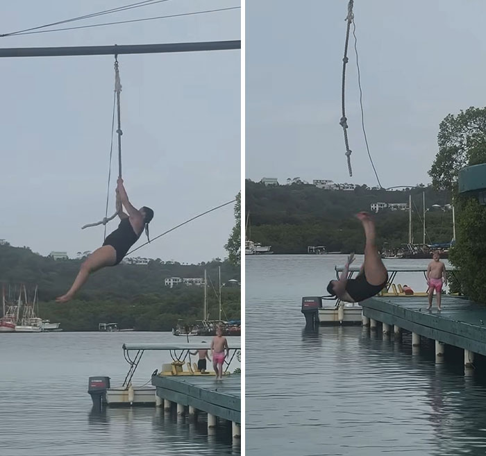 Louisiana woman's catastrophic cruise injury: woman on rope swing over water before injury. Louisiana woman's catastrophic cruise injury: woman on rope swing over water before injury.