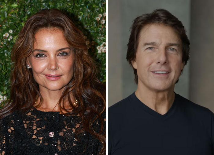 Side-by-side portraits of Katie Holmes and Tom Cruise, related to Suri's legal action against her father.