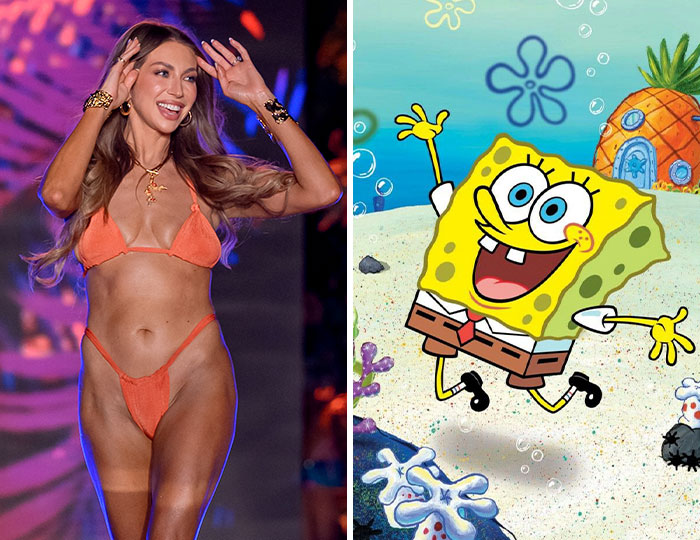 Side-by-side comparison of Stassi Schroeder on SI Swimsuit Runway and SpongeBob, highlighting the comparisons.